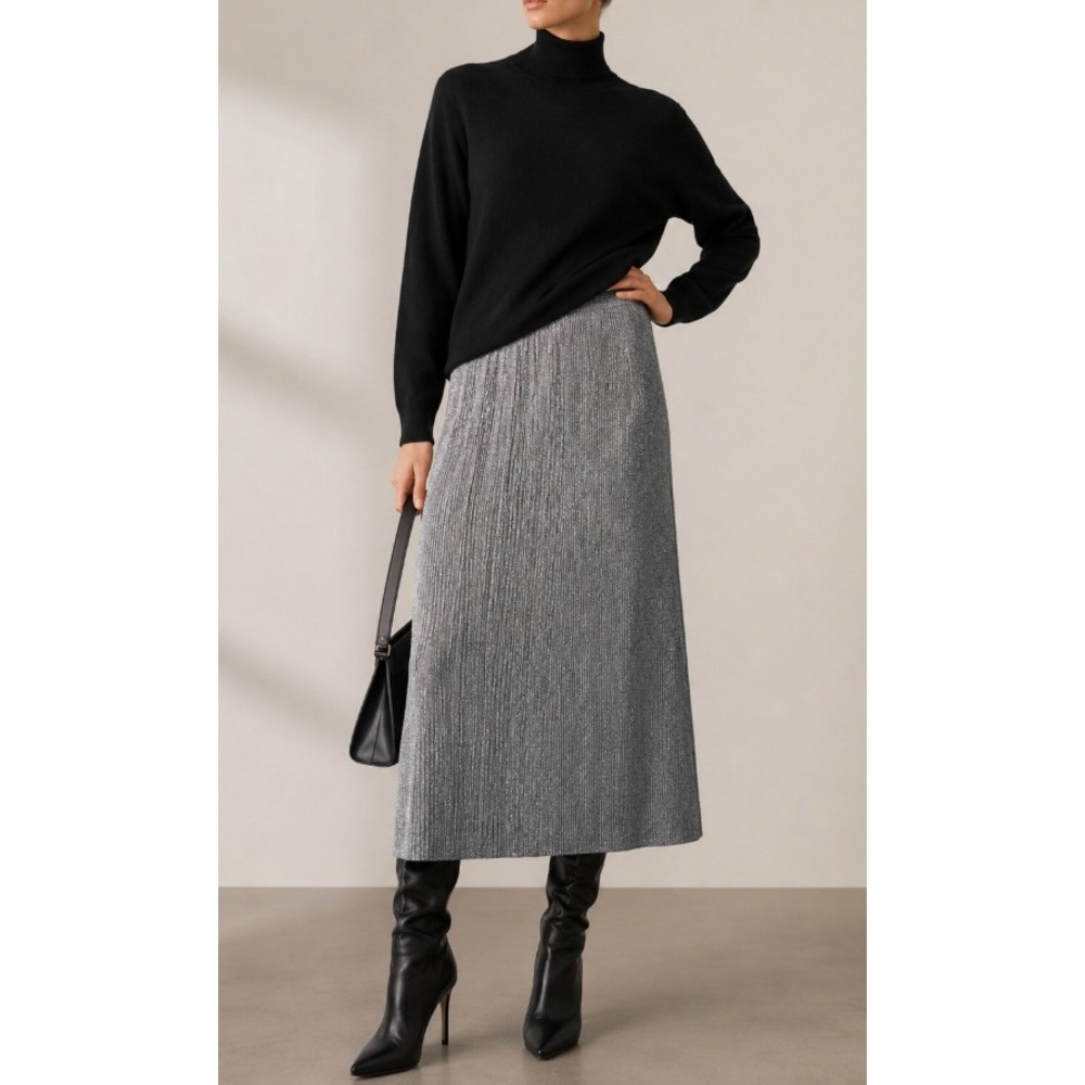Sally LaPointe Silver Metallic Ribbed Knit Midi Skirt Elastic Waist Back Vent